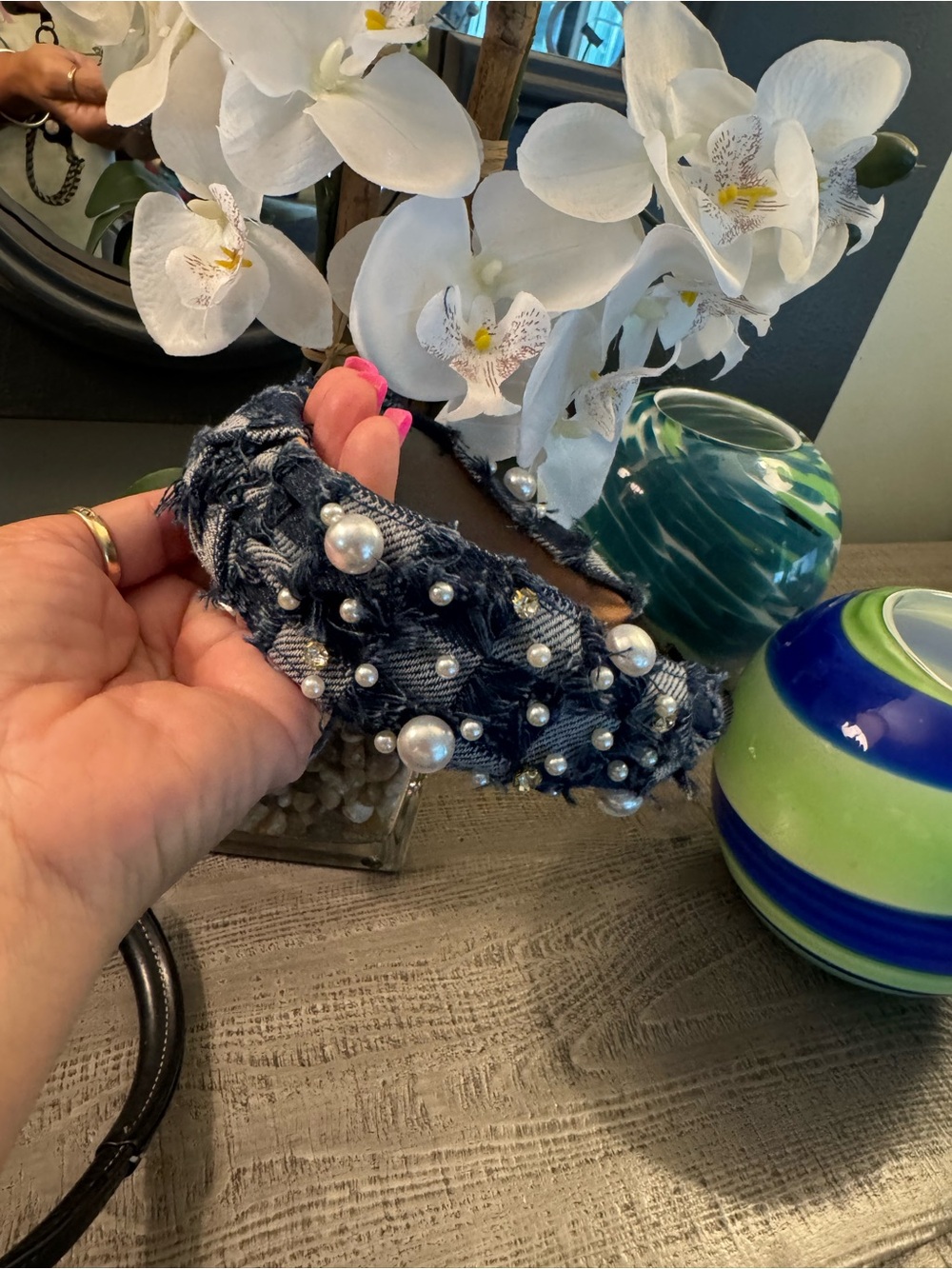 NWOT Pearl-Embellished Denim Headband - Womens Accessories